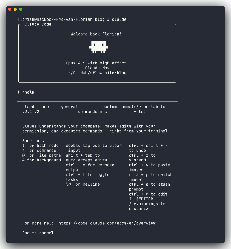 The /help command showing shortcuts and navigation