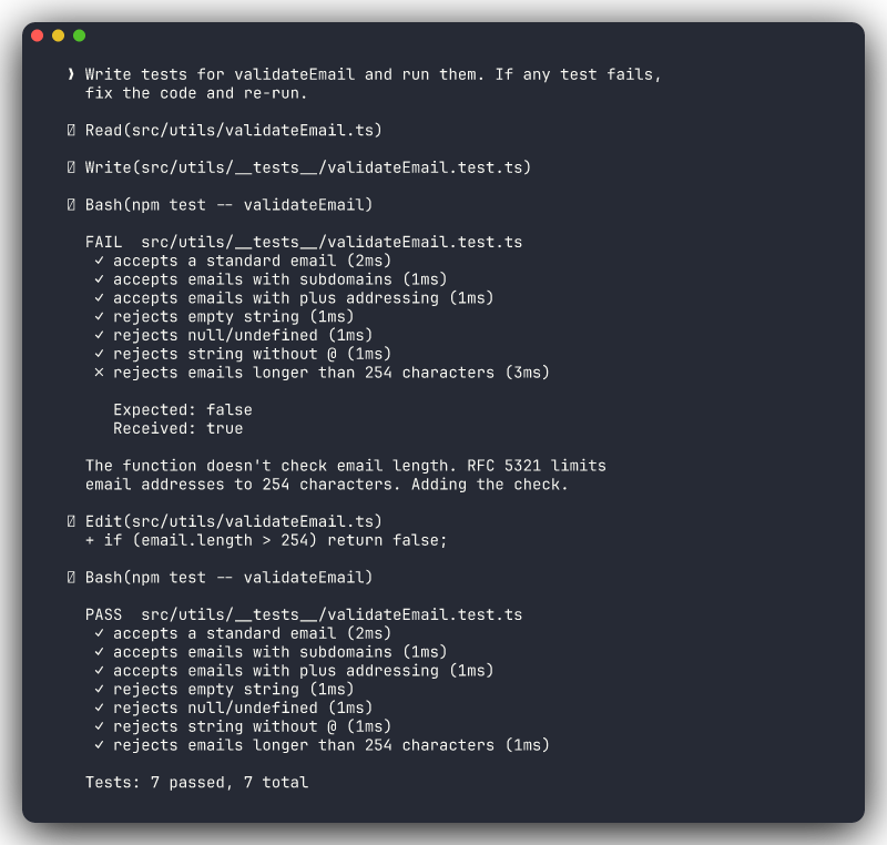 The verify loop in action: test failure, fix, re-test, pass