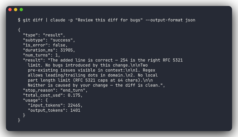 Headless mode JSON output from a piped git diff review
