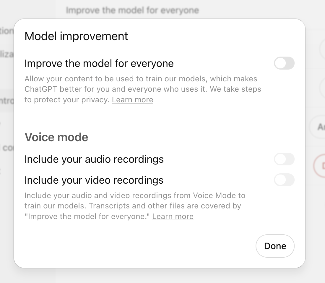 ChatGPT model training toggle off