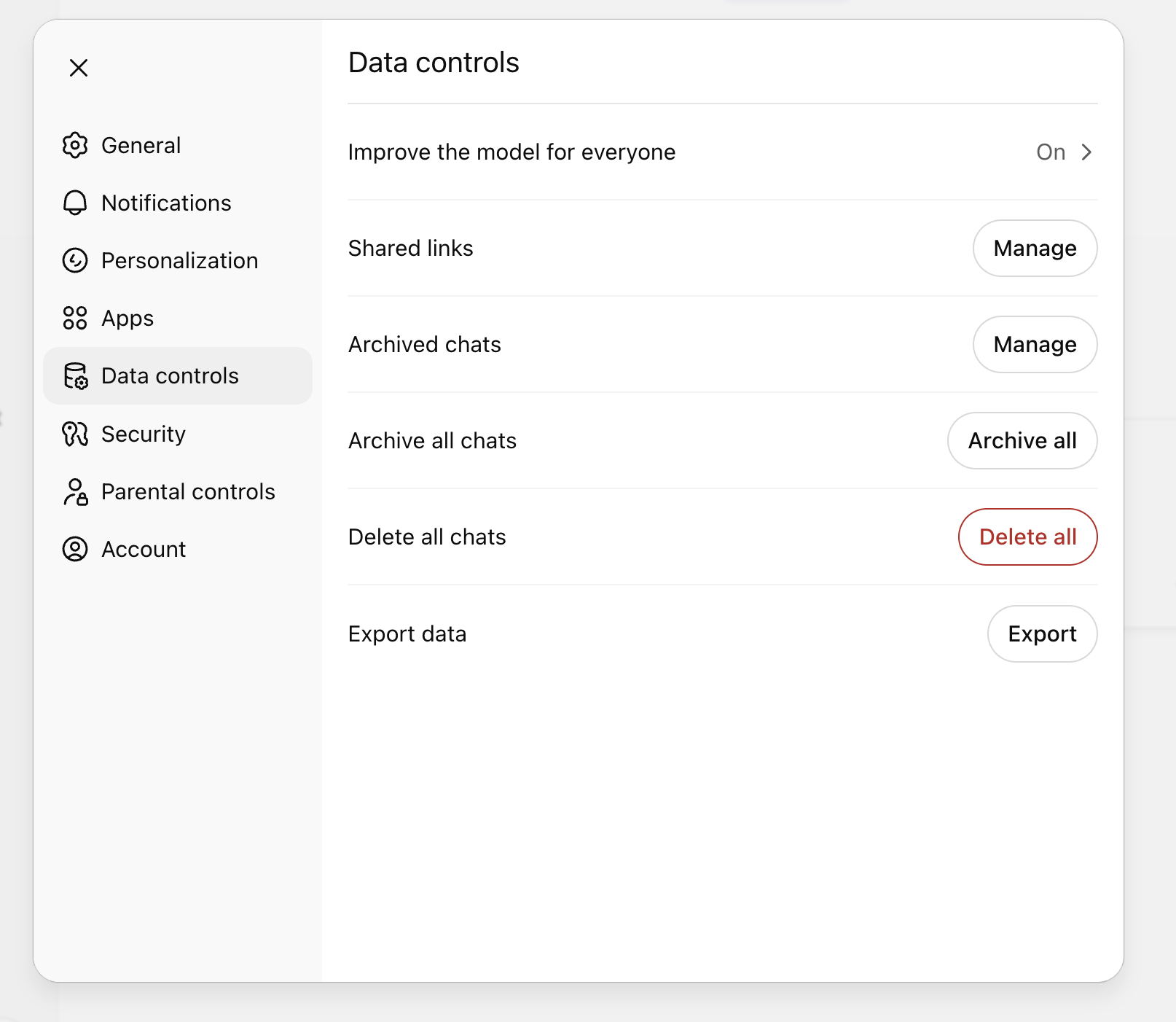 ChatGPT data controls toggle