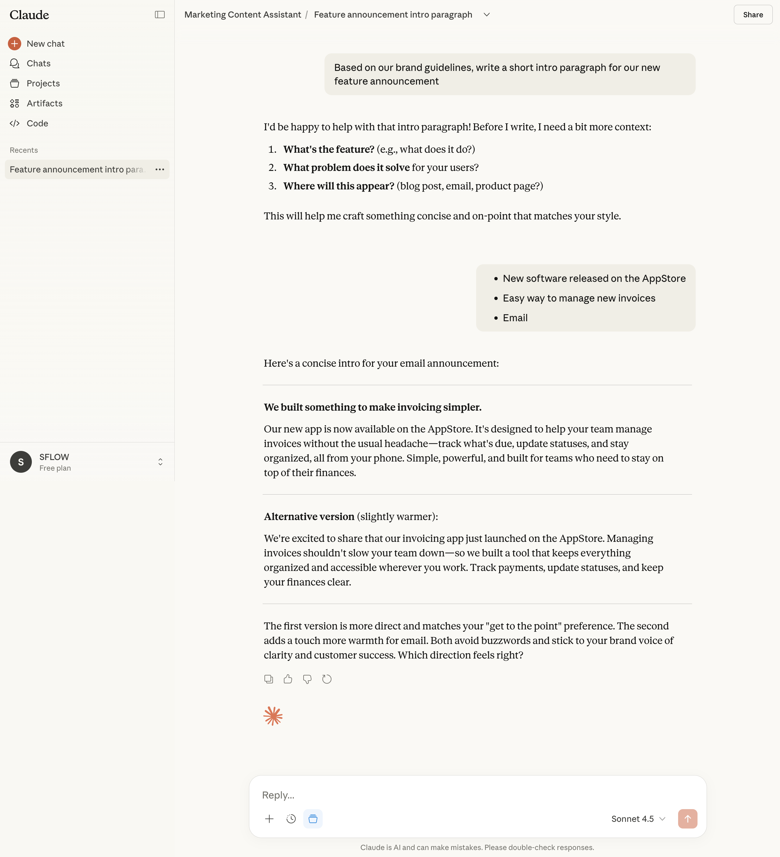 Claude using project context in response