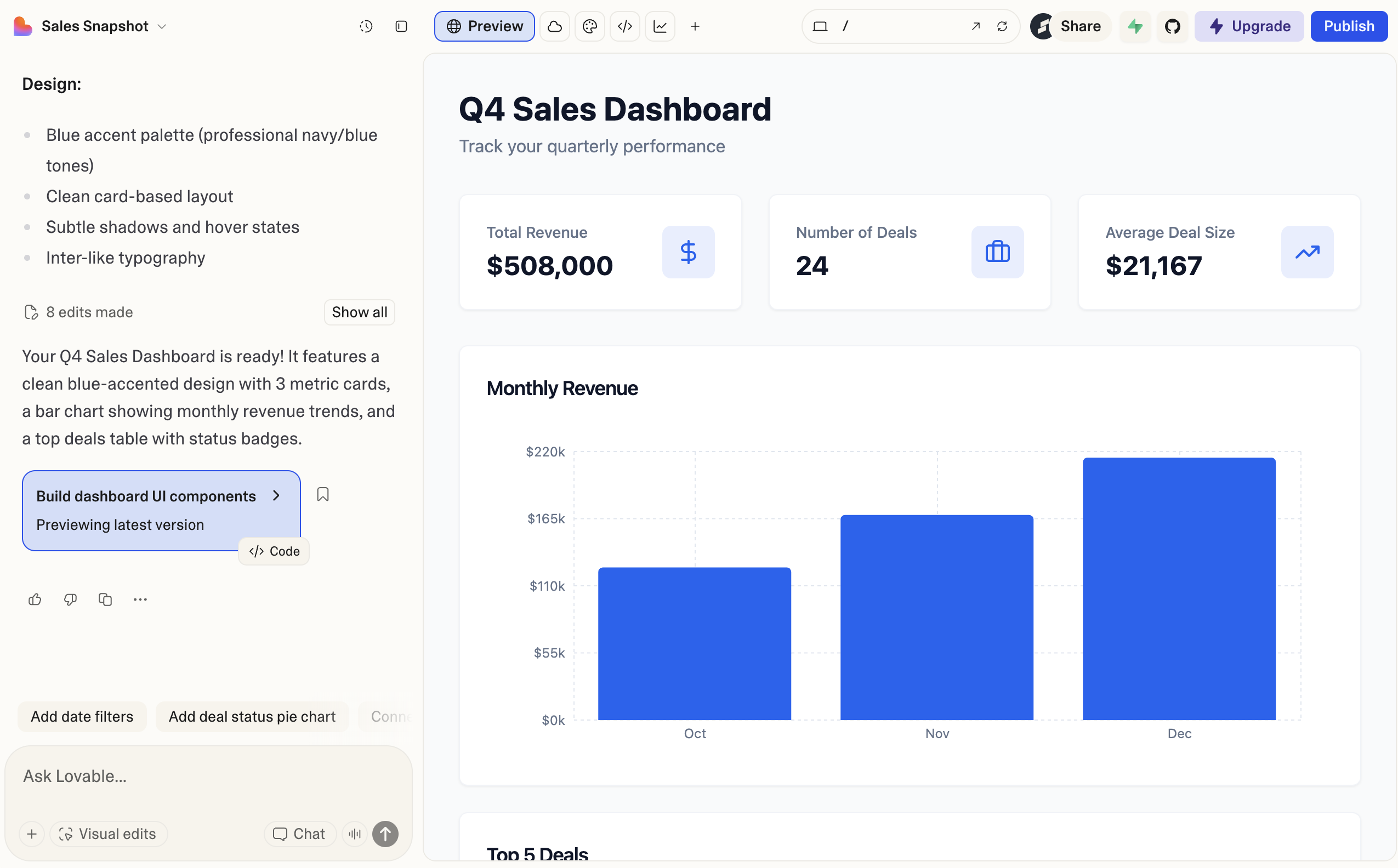 Live preview of the generated dashboard