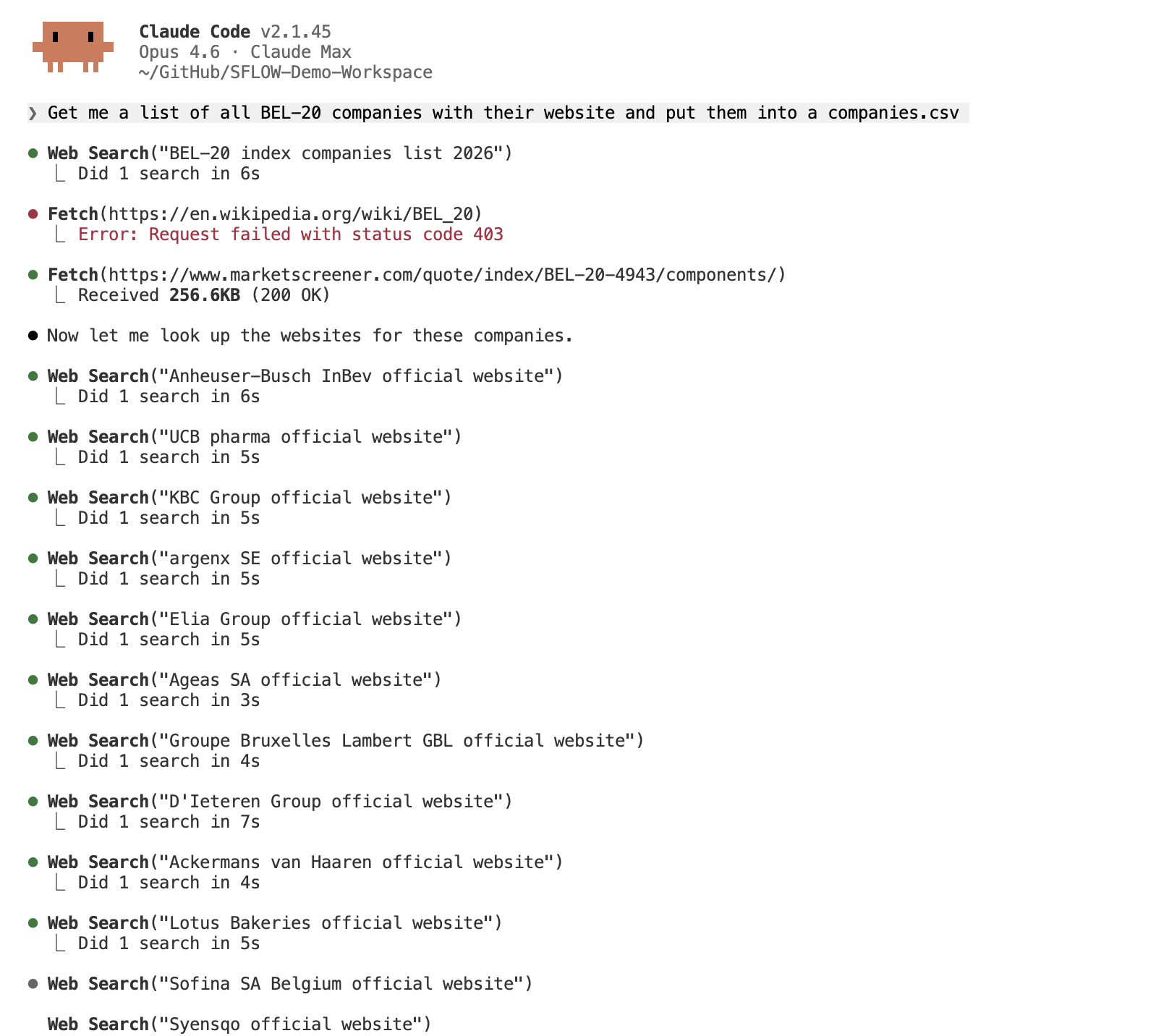 Claude Code searching BEL-20 companies, running web searches for each company's official website