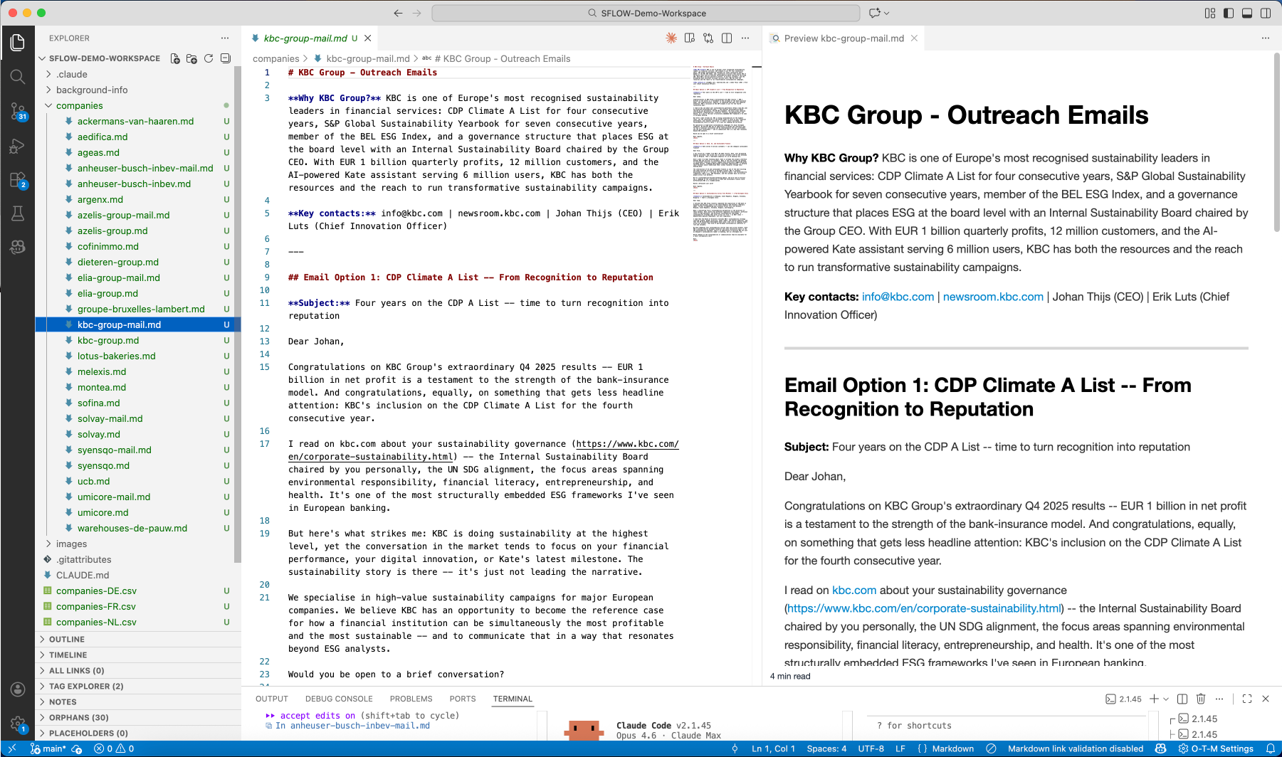 KBC Group personalized outreach emails — tailored messaging referencing their CDP Climate A List position and sustainability governance structure