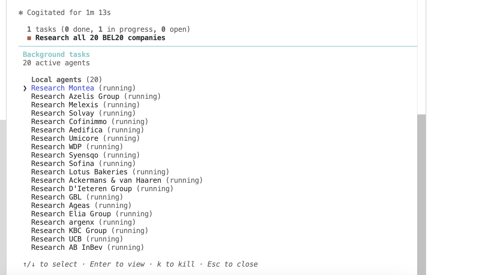 All 20 background agents listed and running simultaneously