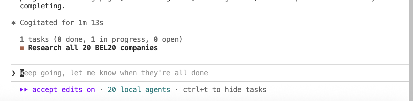Task list showing "Research all 20 BEL20 companies" with 20 local agents spawned