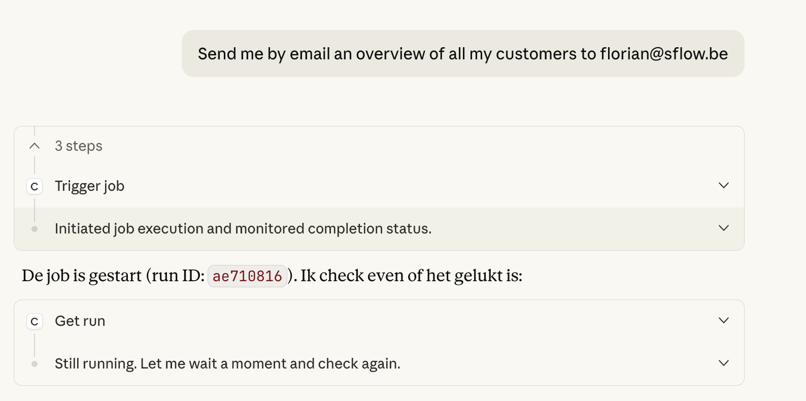Claude.ai conversation showing a request that triggers a job on the runner