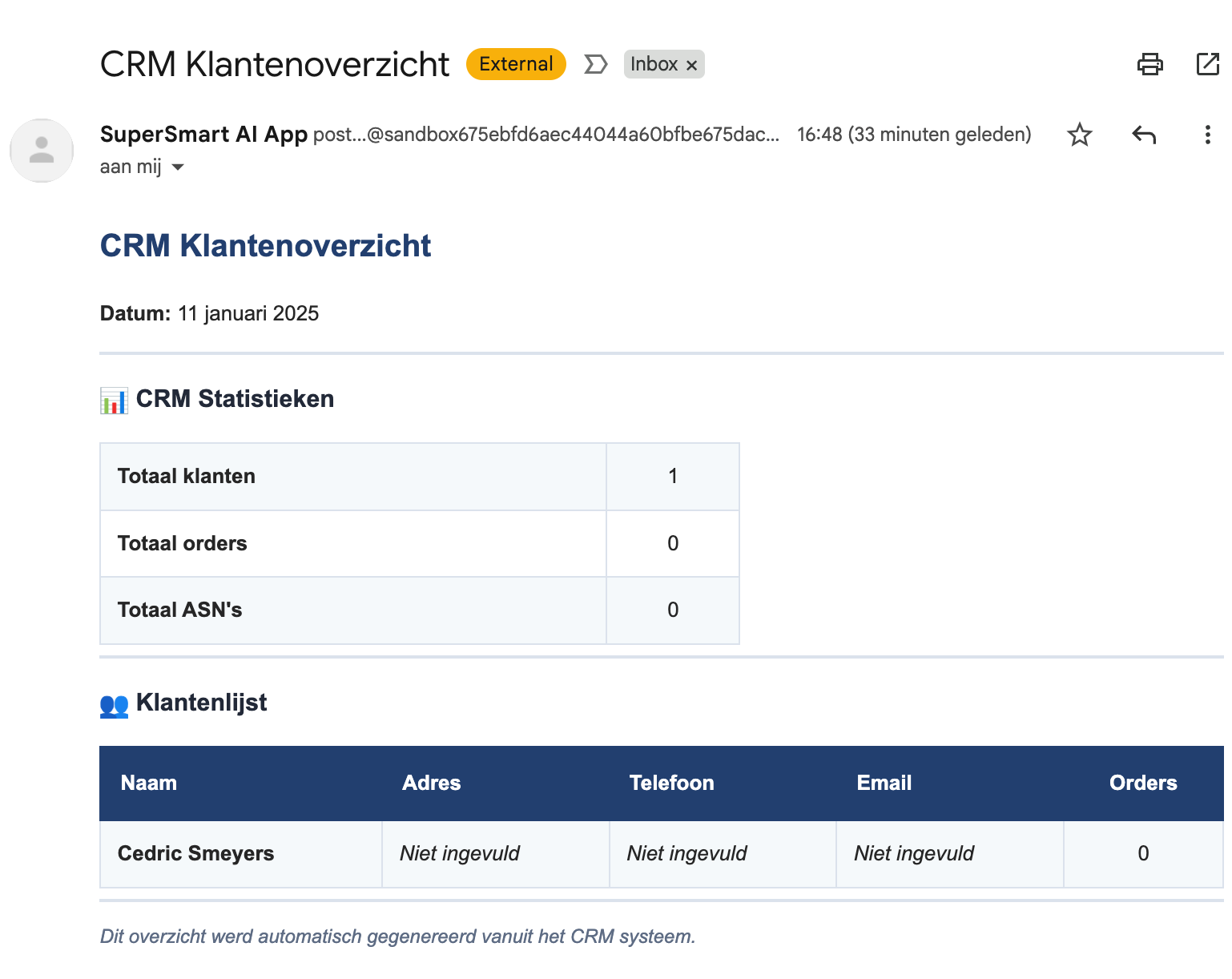 The resulting email with customer overview generated by the runner