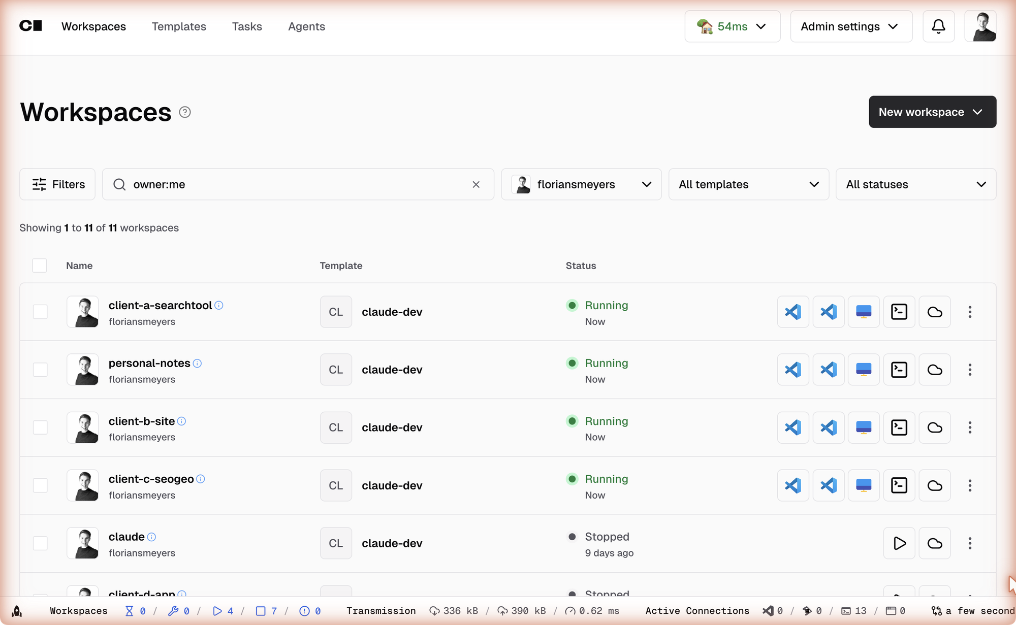 The Coder dashboard: one isolated workspace per client engagement, four of them running right now (client names anonymized)