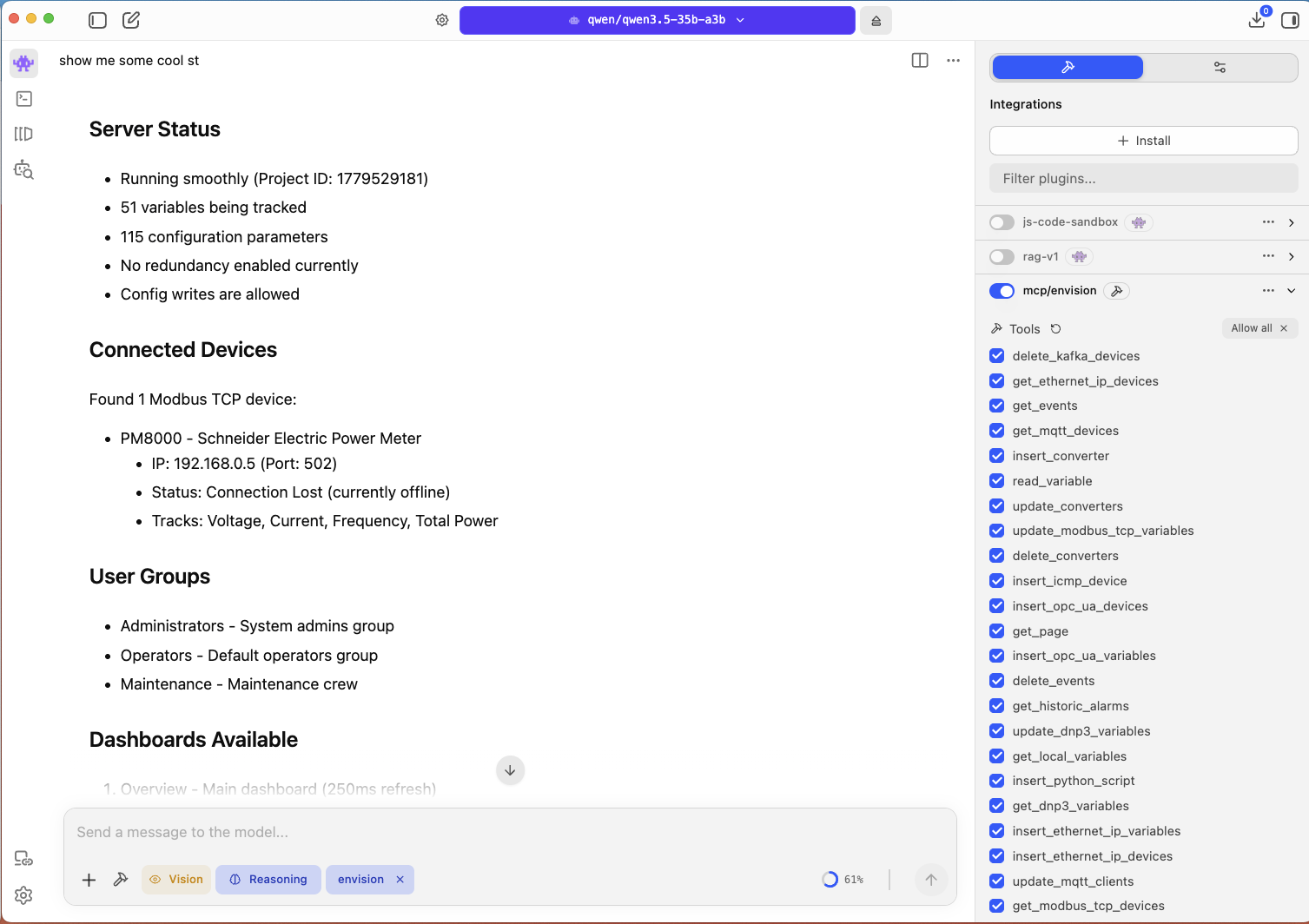 claude.ai connected to EnvisionSCADA — querying live system status through the MCP server