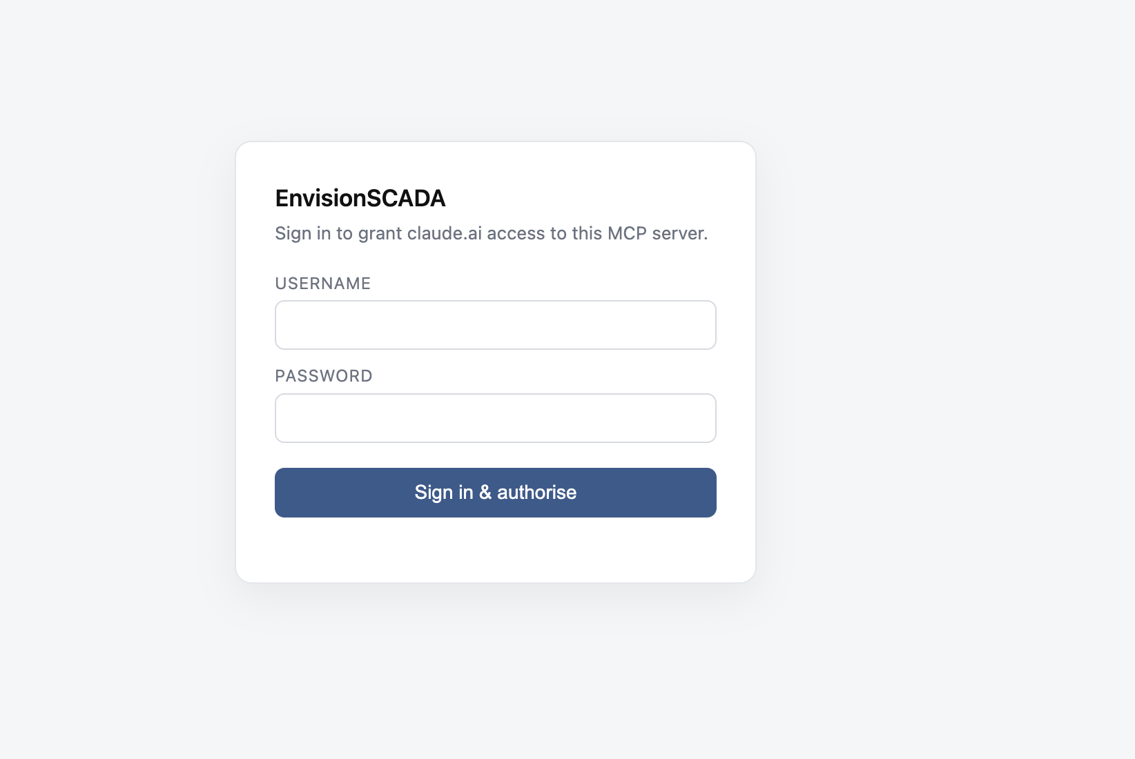 The OAuth login page the worker serves when claude.ai connects to the EnvisionSCADA MCP server