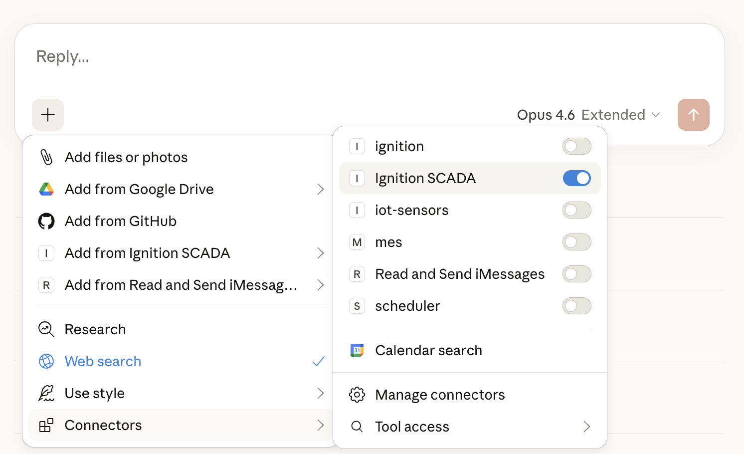 Chat menu showing Ignition SCADA connector enabled alongside other data sources