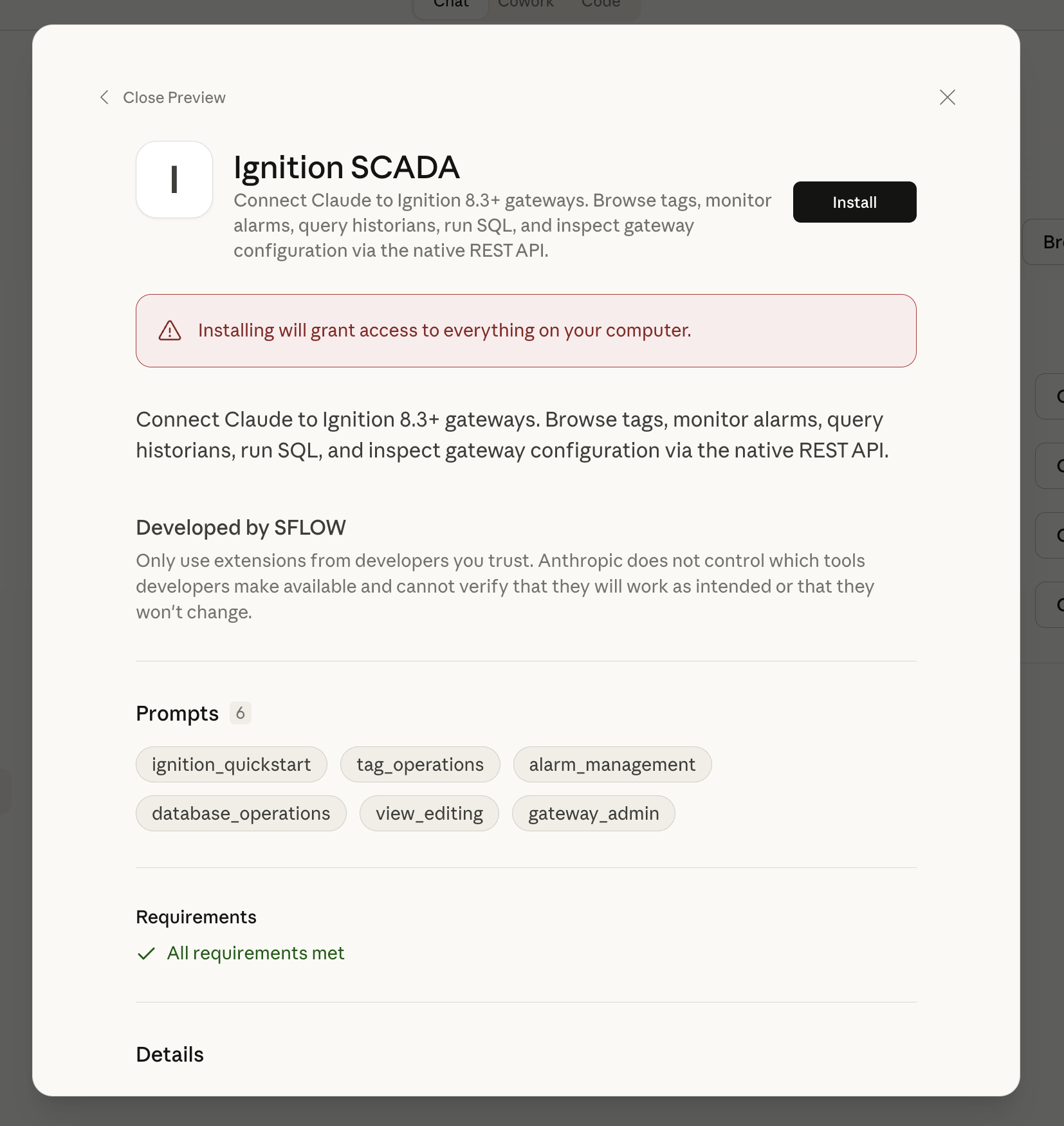 Extension preview showing Ignition SCADA connector with 6 prompts and requirements met