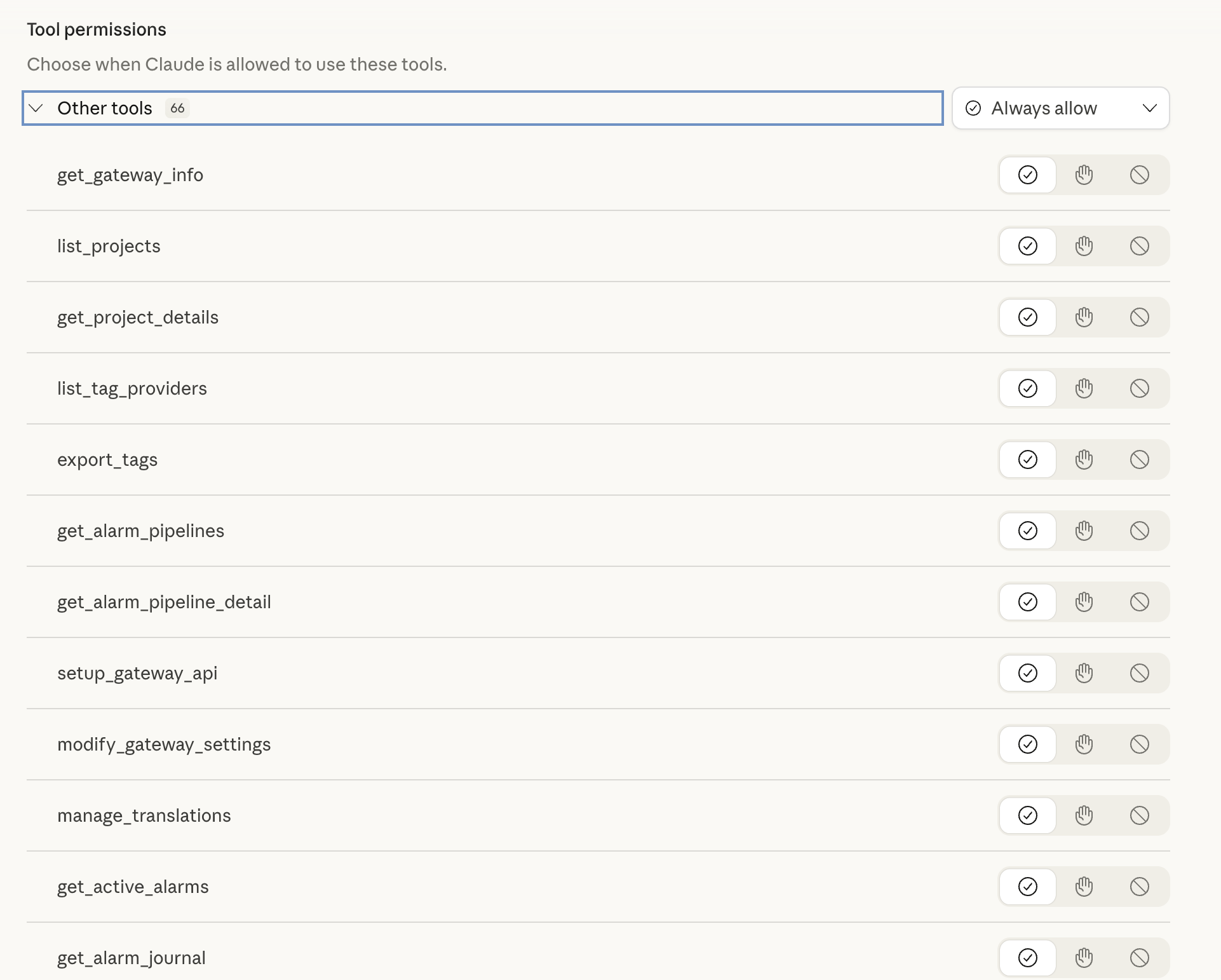 Tool permissions panel showing all 66 tools with per-tool permission controls