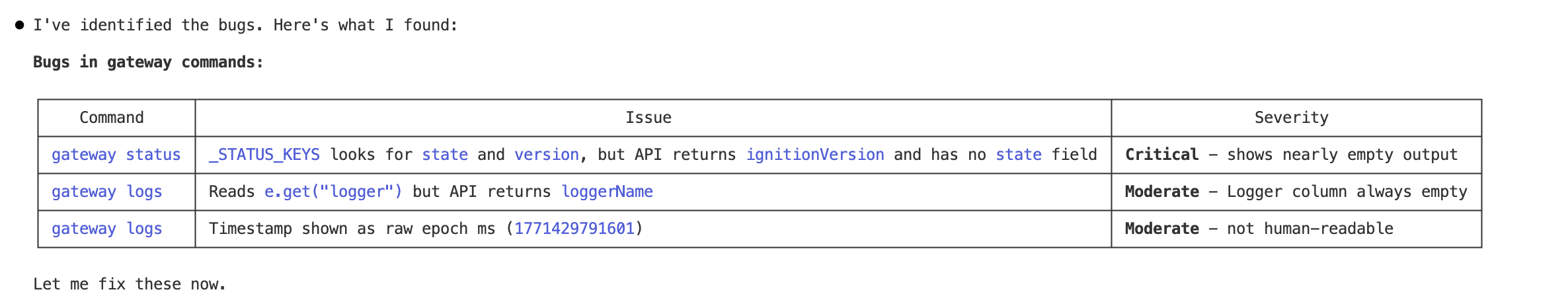 Claude Code identifying bugs by comparing CLI behavior against the live API