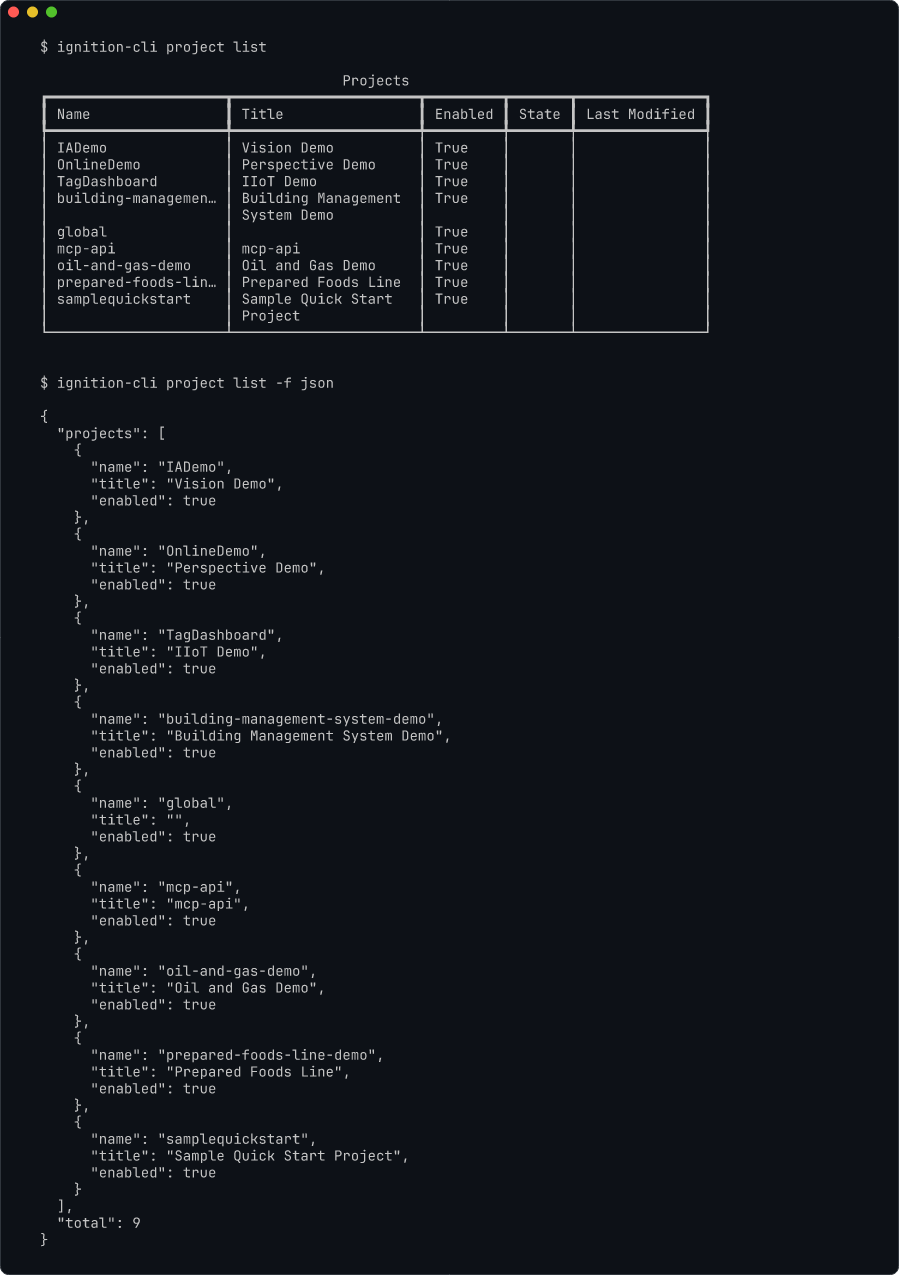 Same command in table and JSON output formats