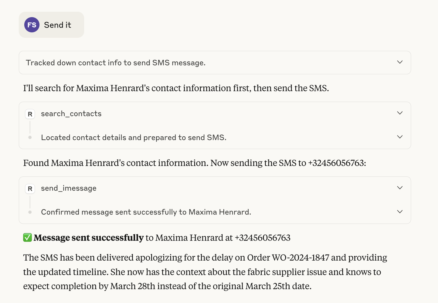 SMS sent confirmation