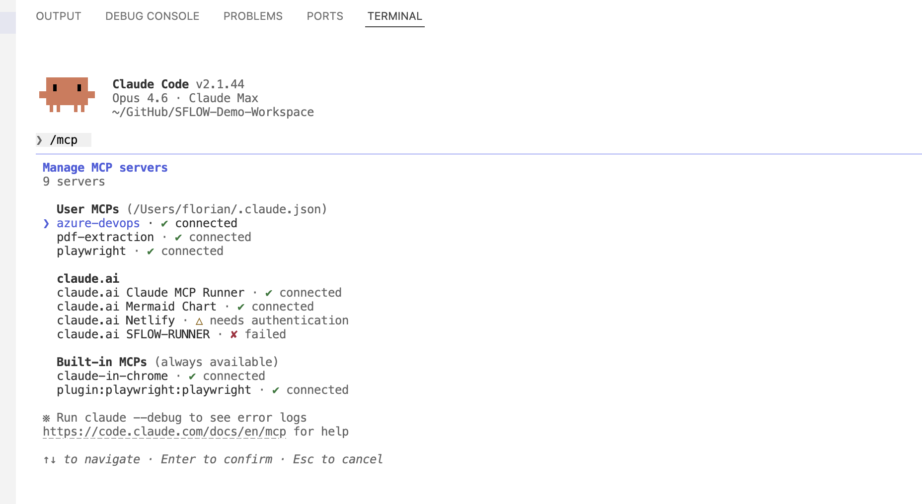 Claude Code's /mcp command showing nine connected MCP servers including Azure DevOps, PDF extraction, and Playwright