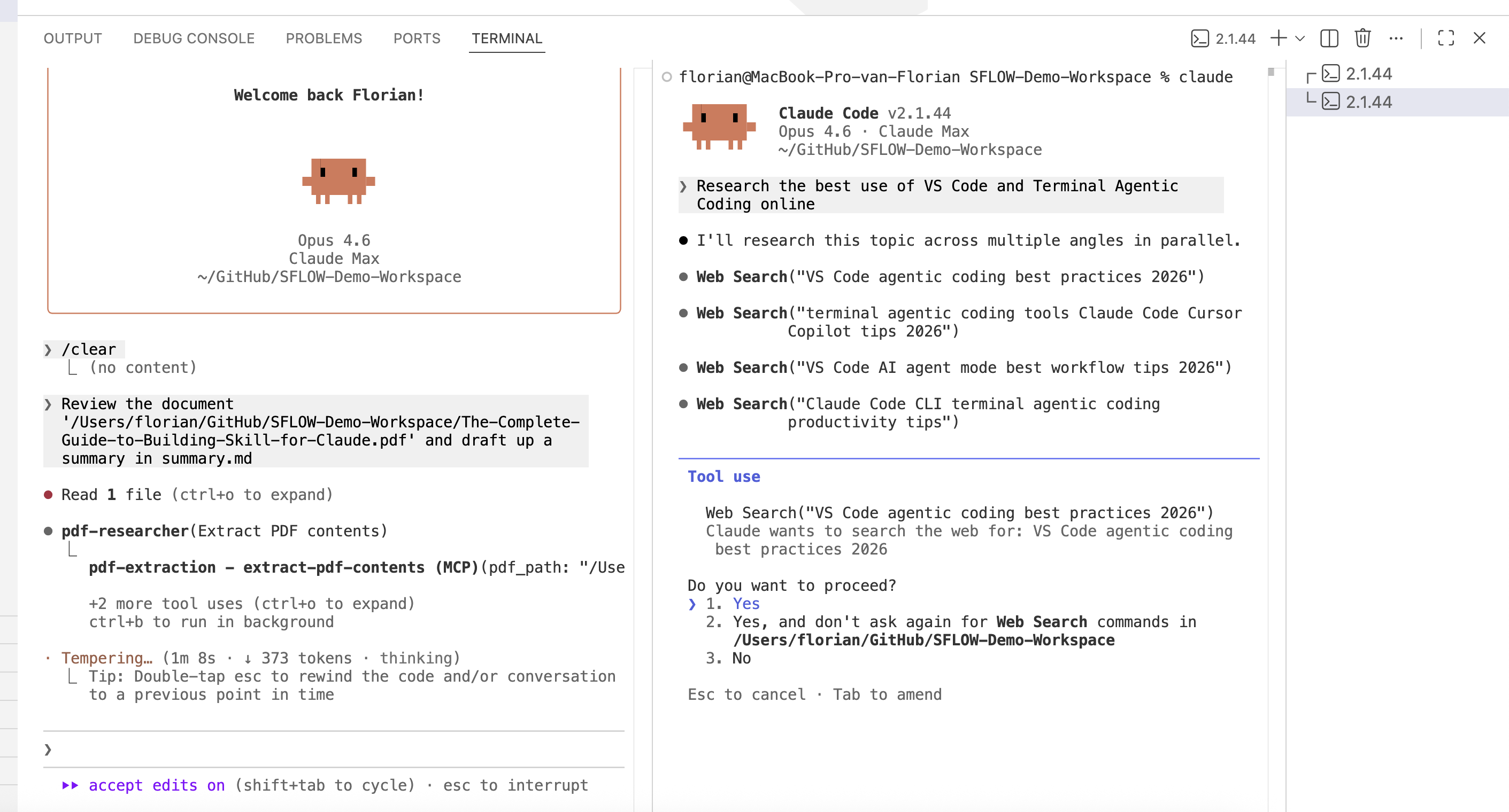 Two Claude Code terminals running in parallel — one reviewing a PDF, the other conducting web research